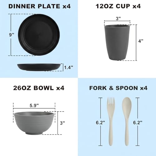 Image of 20 PCS Wheat Straw Plates and Bowls Sets,Kids Dishes Dinnerware Sets for 4,Unbreakable Kitchen Plates and Bowls Set for Travel Dishwasher & Microwave Safe Lightweight Dishes Set - BlackGrey