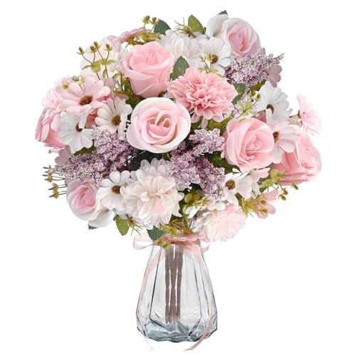 4 Stück Kunstblumen Rosen, Künstliche Blumen mit 7 Blüten je Strauß, Seide Rosenstrauß, Künstlich Blumenstrauß, Kunstblumen Wie Echt für Hochzeit Partei Küche Heim Dekor DIY Blumenarrangements(Rosa)