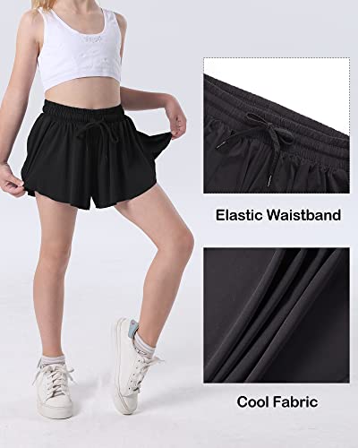 Kereda Girls Flowy Shorts With Spandex Liner 2-In-1,Butterfly Shorts For Girls,Running Tennis Elastic Waist Shorts For Youth/Kids/Toddler 5-6Y (Black) #TOP2