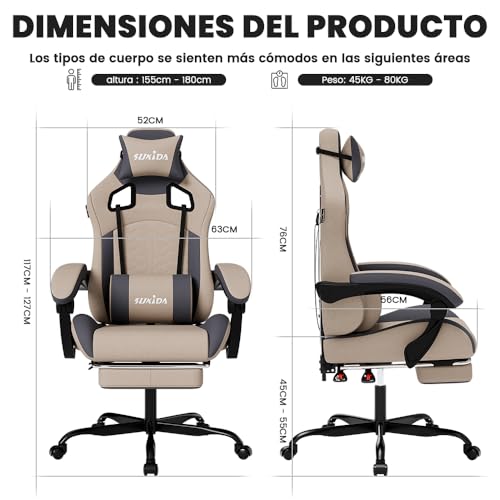 Variante de SUKIDA silla gaming barata Beige con reposapiés y lumbar