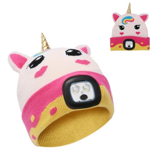 APODESS Bonnet licorne avec lumière LED pour enfant - Bonnet d'hiver pour enfant - Avec lampe LED USB 4 - Lampe frontale rechargeable - Cadeau licorne, D.einhorn Bonnet pour enfant avec LED, 6 ans