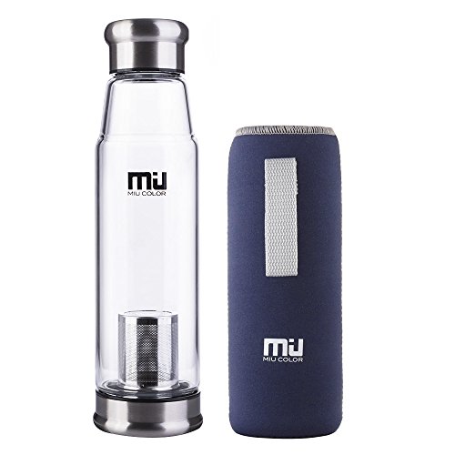 MIU COLOR Glass Water Bottle - BPA-Free Bottle with Infuser and Nylon Sleeve, 22 Ounce, Dark Blue