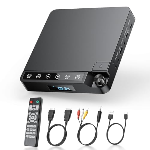Desobry Lettore DVD per TV 1080P, Lettore DVD HDMI/AV e USB/scheda TF, Mini CD Player supporto PAL/NTSC, dotato di più cavi e telecomando, con funzione di ultima memoria - Nuovo