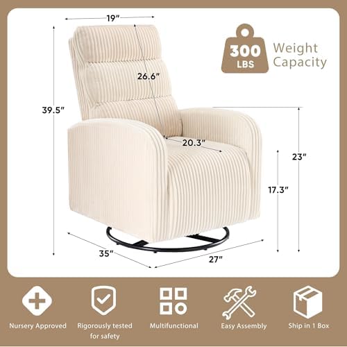 Image of Swivel Rocker Chair, 360Swivel Rocker Chairs with High Back Arms, Rocking Lazy Boy Chairs, Upholstered Swivels Corduroy Glider for Living Room, Bedroom, Nursing, Beige