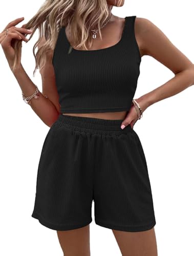 AUTOVISUM Zweiteiliges Sommer-Outfit für Damen, ärmellos, bauchfreies Top und hohe Taille, kurzes Strick-Lounge-Set, 2-teilig, Schwarz, L