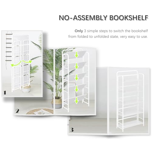 Image of 4NM No Assembly Folding Bookshelf, 5 Tiers Collapsible Book Shelves Open Industrial Foldable Storage Bookcase Shelf for Bedroom, Living Room, Home Office - All White