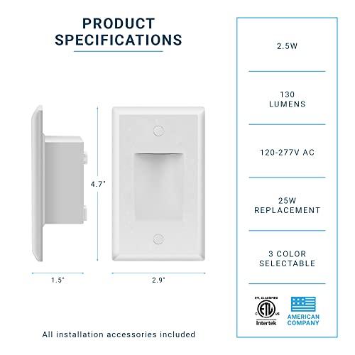 Parmida (6 Pack) 120V Dimmable Led Step Lights Indoor & Outdoor, 3 Color Selectable 3000K/4000K/5000K, Aluminum Stair Deck Lighting, 2.5W, 130Lm, Ip65, Etl-Listed, Vertical Design - White Finish #TOP4