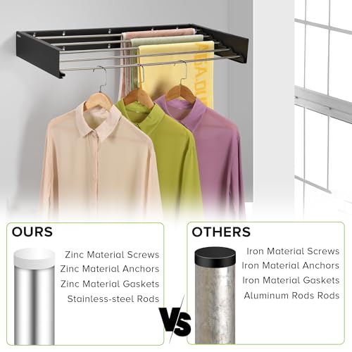 🏡✨Wall Mounted Laundry Drying Rack – Retractable Clothes Dryer with 5 Stainless Rods | 60 lb Capacity, Space-Saving Foldable Design for Bathroom & Utility Rooms (Black, 31.5") - Image 2