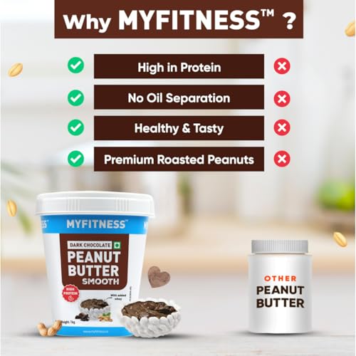 MYFITNESS Peanut Butter High Protein Dark Chocolate Spread Smooth 1kg | Added Whey Protein | 26g Protein for Muscle Building | 6g Fiber | Pre & Post-Workout Snacks | Cholesterol Free | Zero Trans Fat