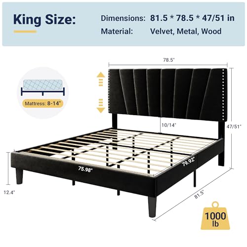 Image of Allewie King Size Velvet Platform Bed Frame with Adjustable Headboard Black | Height-Adjustable Velvet Headboard, Rivet-Style Nailhead Trim, Wooden Slat Support, No Box Spring Needed, Easy Assembly