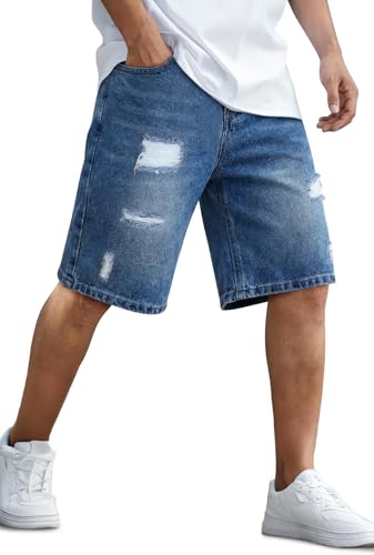 TUREFACE Mens Ripped Baggy Jean Shorts Loose Fit Summer Casual Fashion Blue Denim Shorts