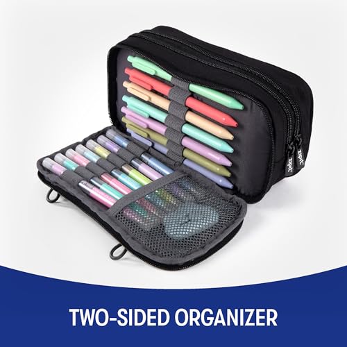 Image of ZIPIT Half & Half Pencil Case, 3 Compartment Zipper Pouch for School, Stationery Bag for Teen Girls Boys and Adults, Black