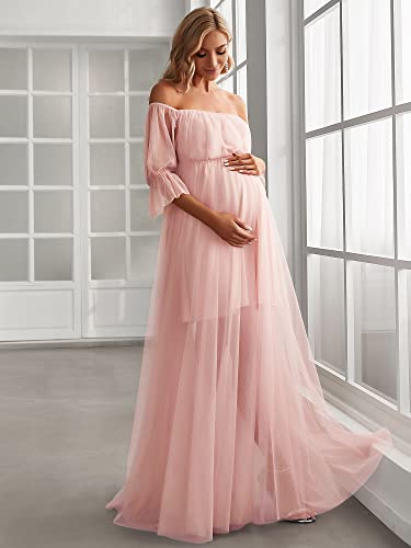 Ever-Pretty Robe Soirée Maternite Shooting Photo Femme Longue Épaules Dénudées à Volants Taille Empire Plissé Tulle Simple Rose Clair 36 – vue 6