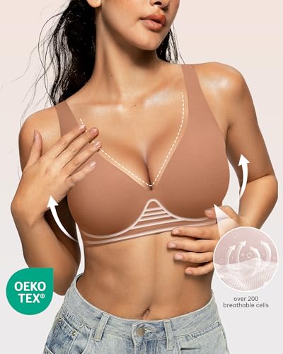 Image of OEAK Womens Deep V Bras Wireless Comfortable Bra Supportive No Underwire Bras Tshirt Push Up Bralettes Plunge Seamless Bra
