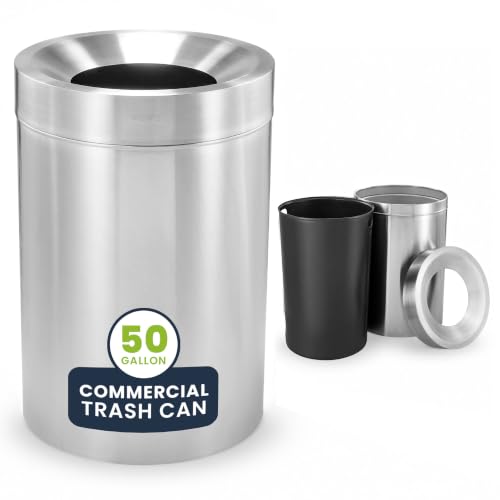 Alpine Industries Commercial Stainless Steel Trash Can – Open Top 50-Gallon Heavy-Duty Garbage Can, Modern, Round, Large Waste Receptacle for Indoor Use High-Traffic Areas - Brushed Silver