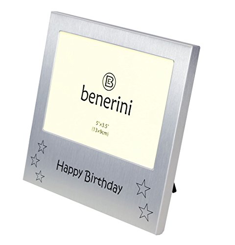 Benerini Happy Birthday - Photo Frame Gift - Photo Size 5 X 3.5 Inches (13 X 9 Cm) - Brushed Aluminum Satin Silver Color. #TOP2