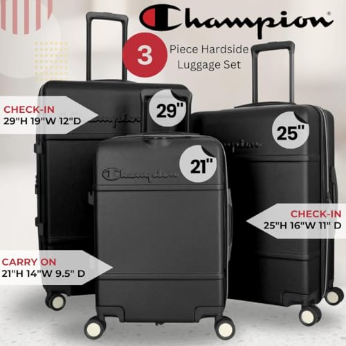 Champion 3-Piece Luggage Set - 21” 25” 29” Hardshell Suitcases with 8 Spinner Wheels - Expandable Carry-On & Checked Luggage - Durable ABS Material - Travel Bags - Airline Approved - True Black2