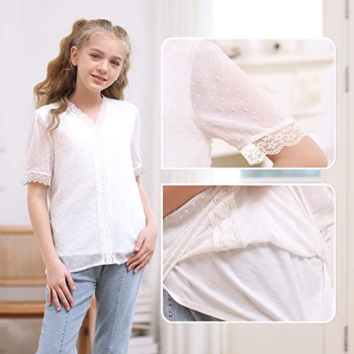 Pdcall Girls Short Sleeve Lace Chiffon Blouses Loose Soft Cute Casual Shirts V Neck Tops White 12-13 Years #TOP4