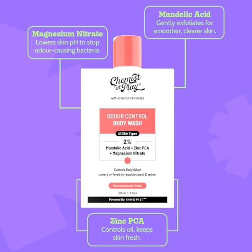 Image of Chemist At Play Odour Control Body Wash & Aqua Fragrance UnderArm Roll-On Combo | Controls Odour, Regulates Sweat & Sebum | Exfoliates & Brightens | Alcohol-Free | For Sensitive Skin | 236ml & 40ml