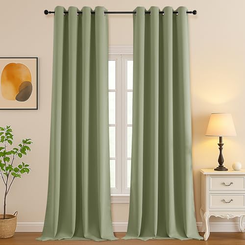 Image of Simplebrand Sage Green Extra Long 10ft Curtains for Patio 120 Inches Long 2 Panels Set, Room Darkening Light Blocking Solid Thermal Insulated Energy Saving Grommet Noise Reducing Curtains, 50 Wx120 L