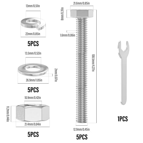 Image of 5PCS 1 /2-13 x 4 304 Stainless Steel External Hex Bolt, Fully Threaded Bolt with Nut Flat & Lock Washers and Spanner