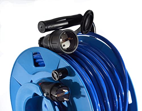 Hilark Carrete de cable eléctrico de jardín H07BQ-F 3g2,5 mm2, rebobinado, enrollador, clavija y enchufe Schuko, toma de corriente con válvula (50 metros, Azul)