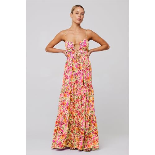 Image of Women Floral Maxi Dresses 2025 Sleeveless Spaghetti Strap Cut Out Casual Beach Midi Long Dress