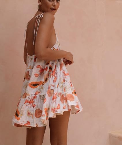 Image of NUFIWI Women Boho Graffiti Cami Mini Dress Spaghetti Strap Printed A Line Short Dress Backless Cut Out Colorful Sundress