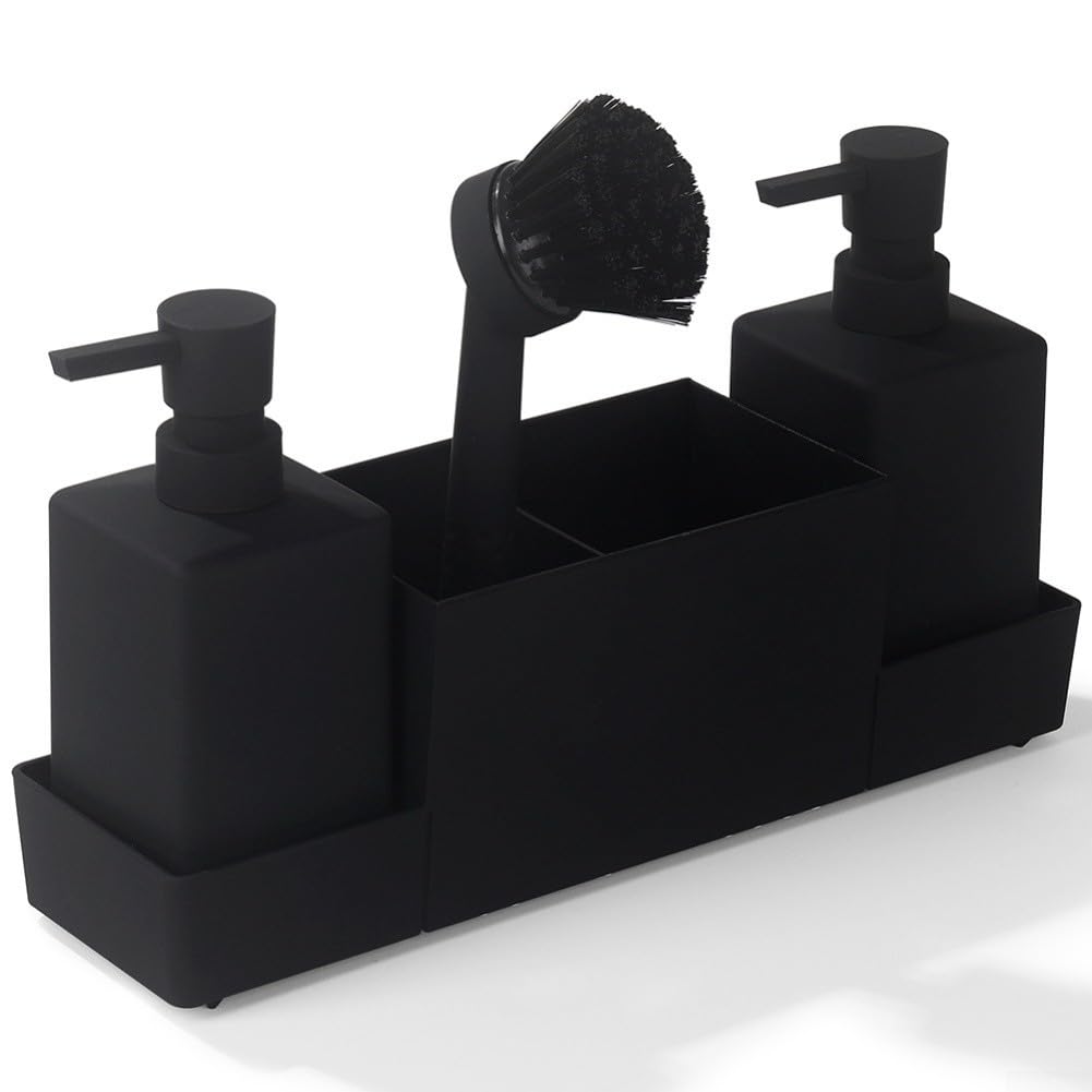CZYWKDDPP All-in-One Setup with Dual 350ml Soap Dispensers, Sponge Rack, Brush Compartment and Non-Slip Drip Tray (Black)