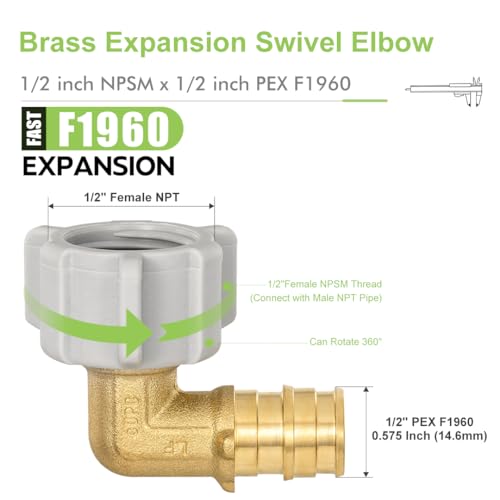10 Pack ORIANSE Female NPT Swivel Elbow, 1/2" Pex A Expansion x 1/2" NPT Female Threaded Elbow BrassExpansion Fitting ONLY Full Flow For Pex-A Tubing Connection, NSF/ANSI 61 NSF 372 Certificate by ORIANSE - Used condition - Image 2