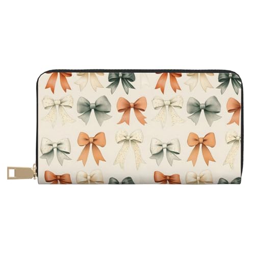 Leather Thin Slim Wallets for Women & Men - Elegant Bow Print Card Wallet Holder with Zipper
