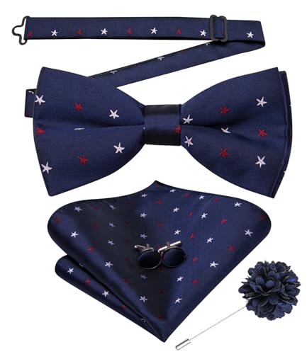 Image of Hi-Tie Bow Ties for Men Pre-Tied Pocket Square with Cufflinks Mens Bowtie Sets for Wedding Formal Party