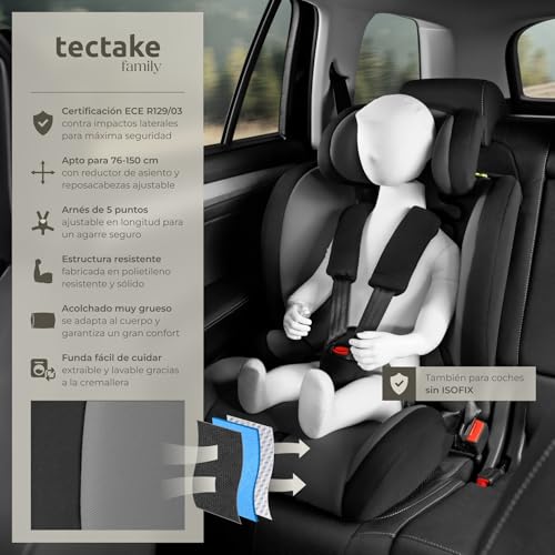 tectake® Silla de Coche Infantil con Aprobación i-Size con Protección Lateral, Anclaje, Top Tether, Arnés de 5 Puntos, Reposacabezas Ajustable, de 76 cm a 150 cm, Carga hasta 36 Kg - gris oscuro/negro - imagen 2
