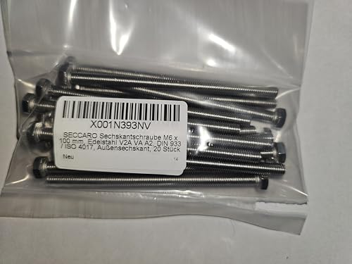 SECCARO Sechskantschraube M6 x 100 mm, Edelstahl V2A VA A2, DIN 933 / ISO 4017, Außensechskant, 20 Stück