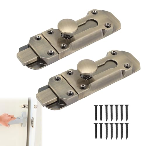 Barrel Slide Door Bolts 3 Inch, 2Pcs Brass Door Bolt, Heavy Duty Zinc Alloy Door Locks with Screws, Antique Security Latch Lock for Internal External Doors Gates Sheds Garages Cupboards Hotels