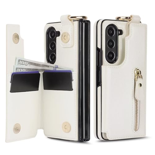 Coque Samsung Galaxy Z Fold 5 5G antichoc étui portefeuille blanc magnétique bague rigide