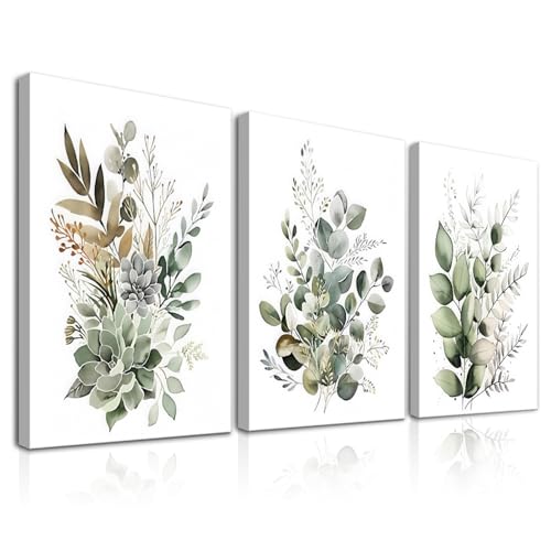 Dazzlewall Encadré 3Pcs Boho Wall Art Décor, Feuilles Vertes Affiche Botanique Impression pour Salle de Bain Salon, Eucalyptus Feuilles Chambre Décoration...
