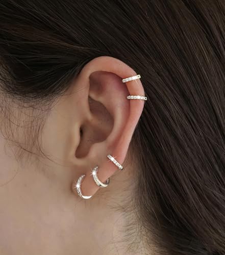 DEARMAY 5Pcs Gold Huggie Hoop Earring Sets for Women, Silver Post 14K Gold Plated CZ Earrings Jewelry Small Hypoallergenic Trendy Waterproof Lightweight Multiple Cartilage Earring2