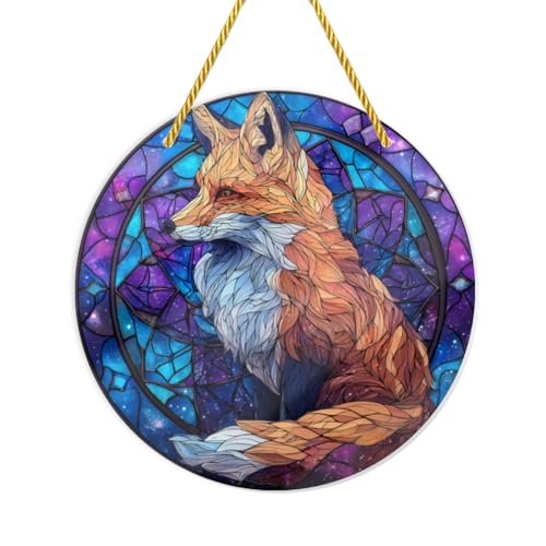 MA6GE8DE Foxes and Space Starry Sky Art Shatterproof Acrylic, 6x6 Inch Stained Glass Styles Hanging Ornaments, Multi-Color Gradient Decor for Study and Sunroom, Great for Bohemian Interior Decor