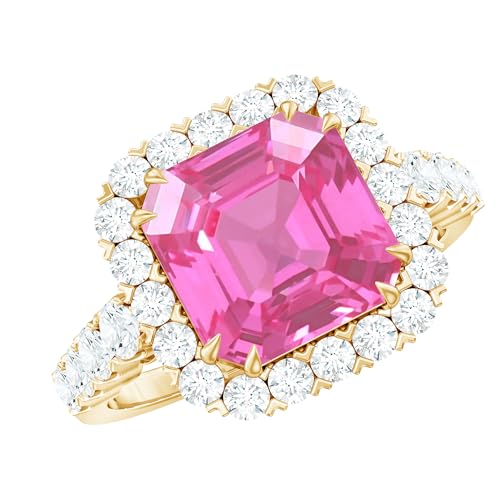 Certified Lab Grown Pink Sapphire 9mm Asscher Cut Engagement Ring, AAAA Quality, Sapphire Moissanite Halo Ring