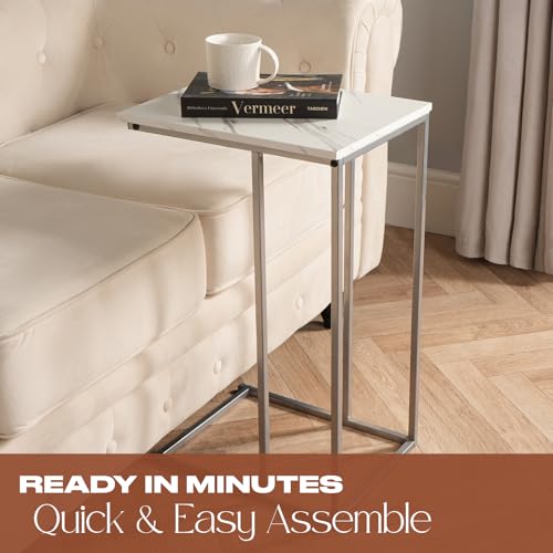 OHS White End Table C Shape, Sofa Table Bedside Bedroom Living Room Coffee Table Over Sofa Metal Frame Storage Decorative End Tables Space Saver - Image 2