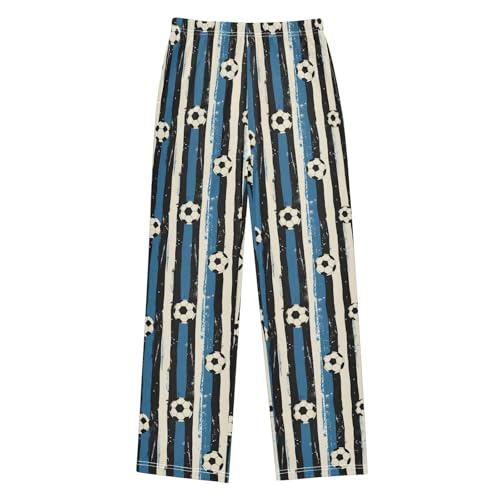 Pajama Pants Blue Black Stripes Soccer Balls Long Sleep Pants Lounge Bottoms