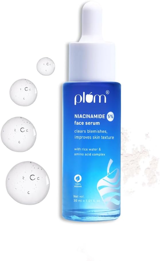 Plum 5% Niacinamide Face Serum for Clear,Bright Skin | Fades Blemishes & Dark Spots| With Rice Water |Lightweight| Beginner Friendly | All Skin Types| Women & Men | Fragrance-Free |100% Vegan |30 ml