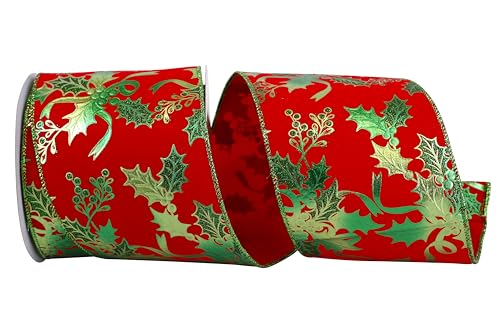 Reliant Ribbon 93656W-985-10F Holly Sparkle Velvet Wired Edge Ribbon, 4 Inch X 10 Yards, Red/Green