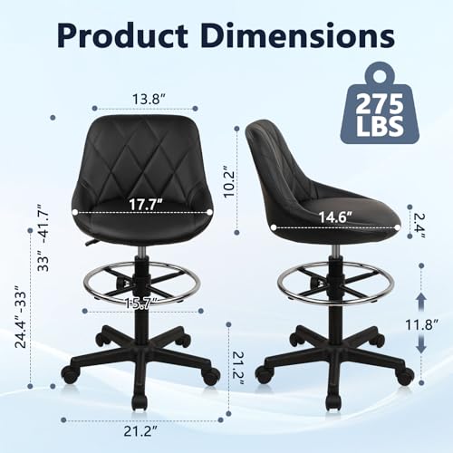 Image of Small Rolling Stool with Backrest - 360 Swivel Chairs with Wheels, Adjustable Height Footrest Armless Vanity Chair, Thickened Seat Cushion Stool Chairs for Spa, Shop, Salon, Massage, Black, 2 Pack