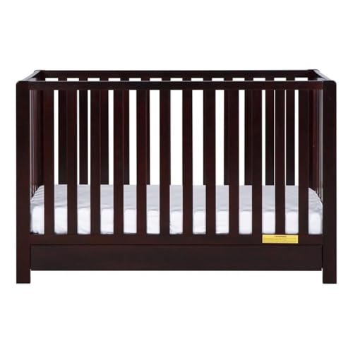 Image of Pemberly Row 4-in-1 Convertible Crib with Drawer, New Zealand Pine Wood, Espresso Finish, 3-Position Adjustable Mattress Support, Modern Nursery Furniture, Converts to Toddler Bed, Daybed, Full-Size