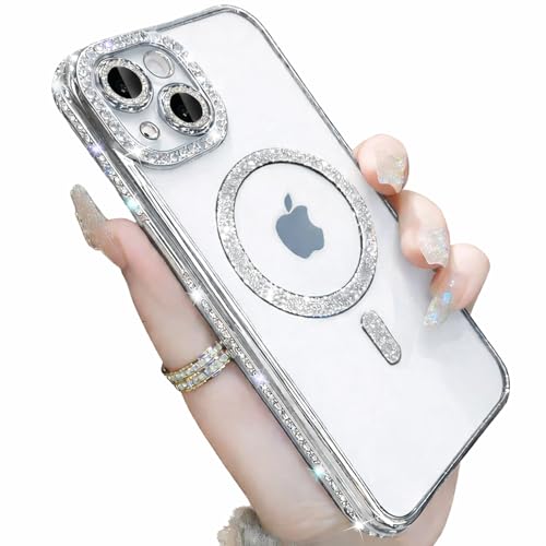 Image of DIZORO Compatible with (iPhone 15 Case) Clear Luxury Diamond Glitter Case |Camera Lens Protector with Glitter Ring | Premium Shockproof Glossy Shiny Back Cover Case for Girls Women -Silver