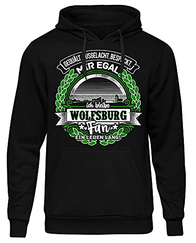 EIN Leben lang Wolfsburg Herren Kapuzenpullover | Stadt - Wolfsburg Skyline - Fussball - Sport - Wolfsburg Pullover - Ultras - Hoodie | Schwarz (L)