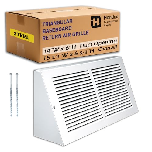 Fits 14x6 Duct Opening | Steel Triangular Baseboard Return Air Grille by Handua | Efficient Air Flow | Air Register Vent Cover Grill | 3-13/16" Depth | White | Outer Dimensions: 15-3/4" x 6-5/8"