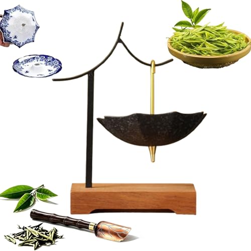 Umbrella Tea Infuser, Multi-Purpose Rotating Porcelain Loose Leaf Filter, Umbrella Tea Strainer for Kung Fu Tea, Coffee, Everyday Brewing (Black Tea Strainer + Solid Wood Stand-B)